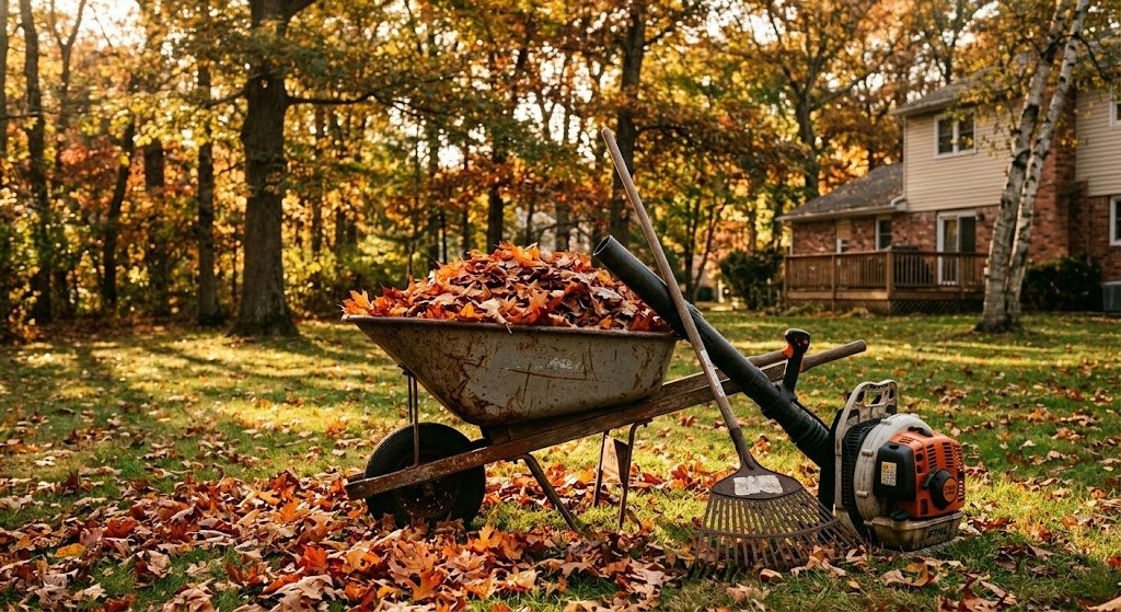 Fall cleanup with wheelbarrow and leaf blower