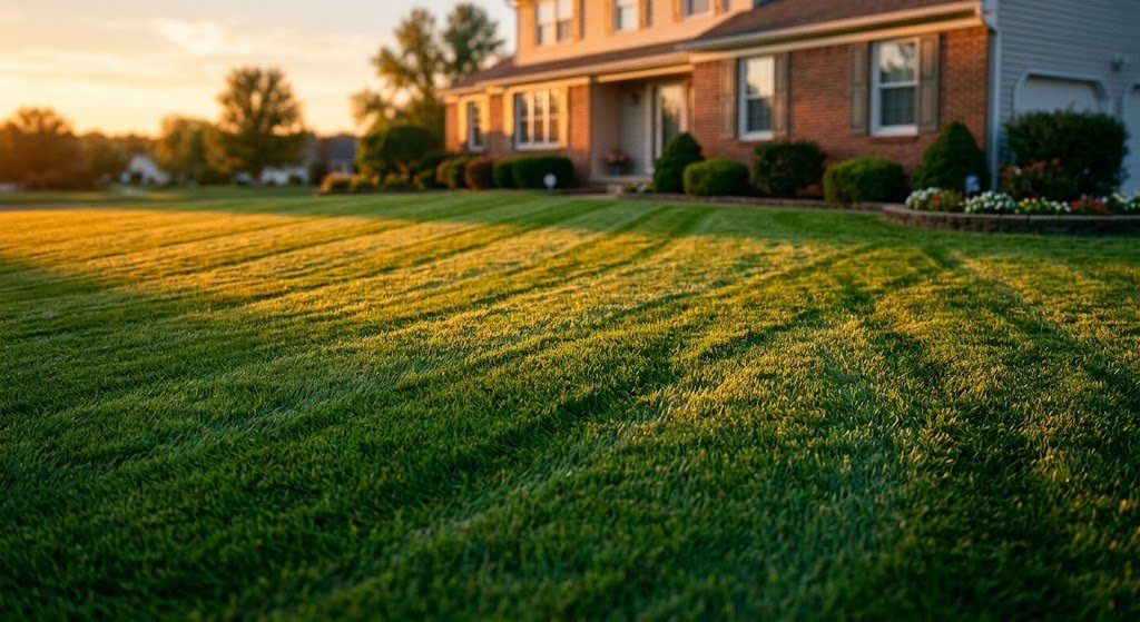Freshly mowed lawn at golden hour