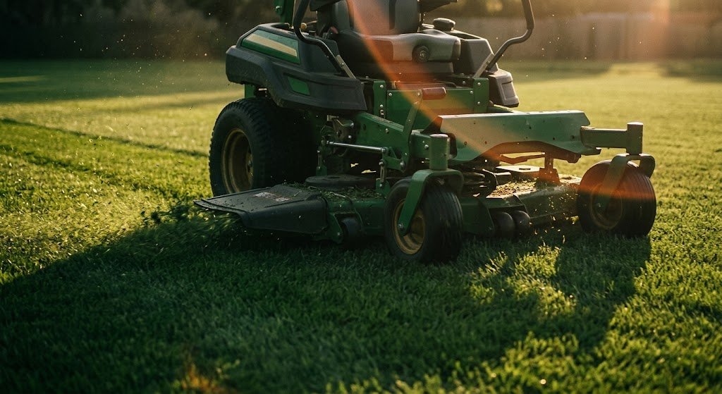 Green zero-turn mower in action