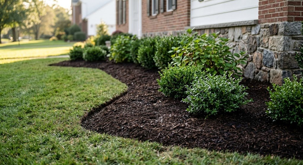 Fresh mulch install around foundation shrubs