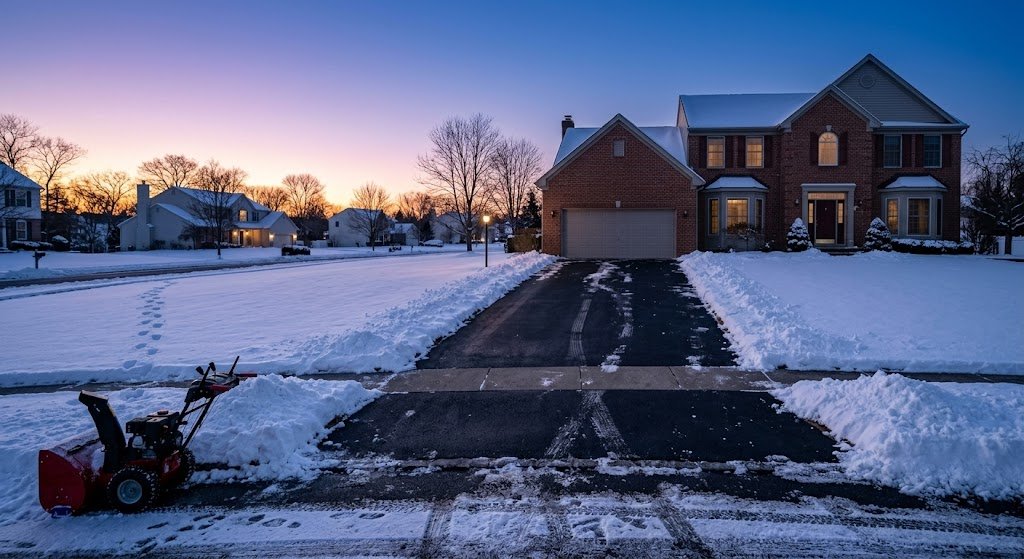 Snow removal at dusk